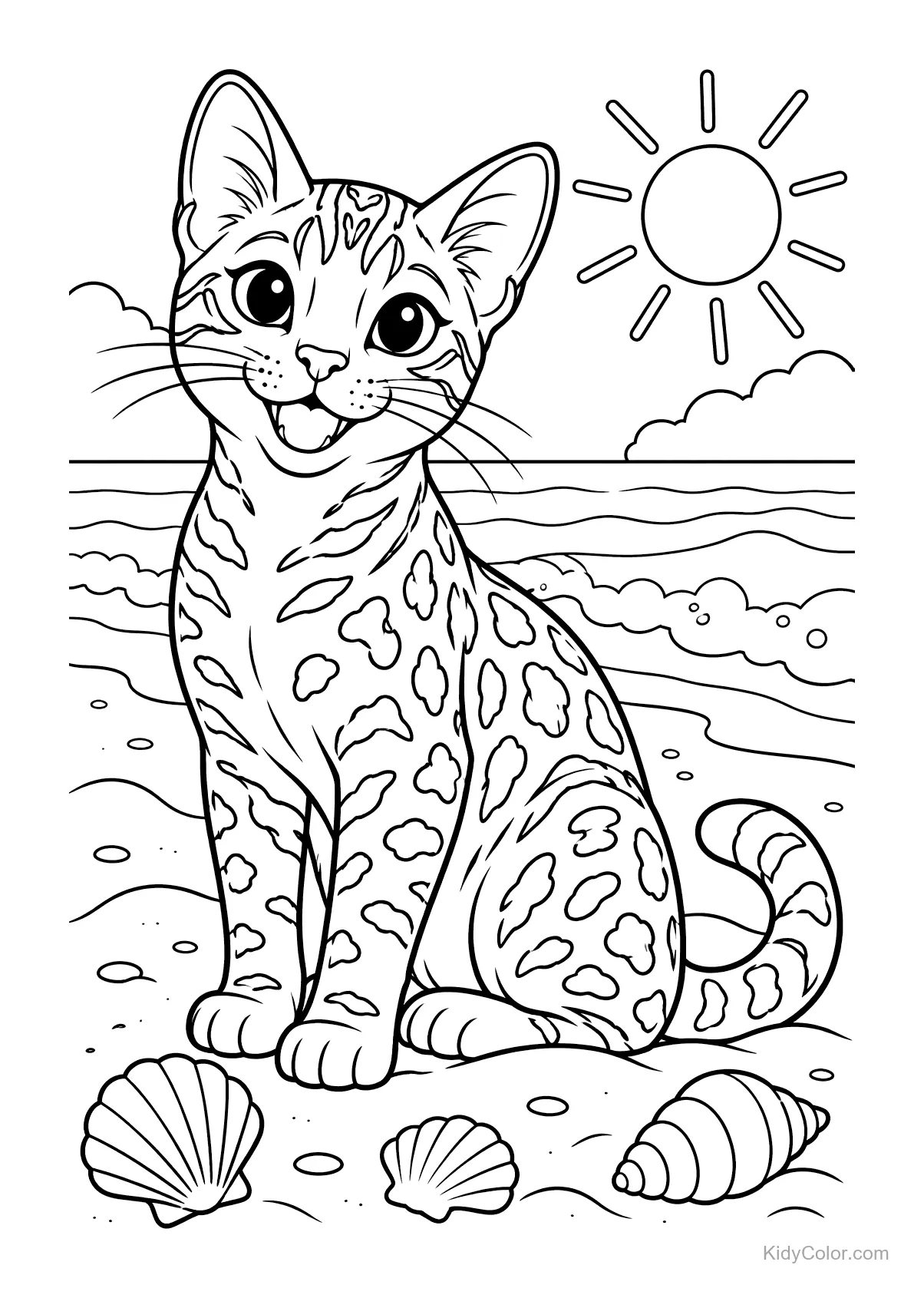 A Bengal cat sits on a beach with seashells and the sun.