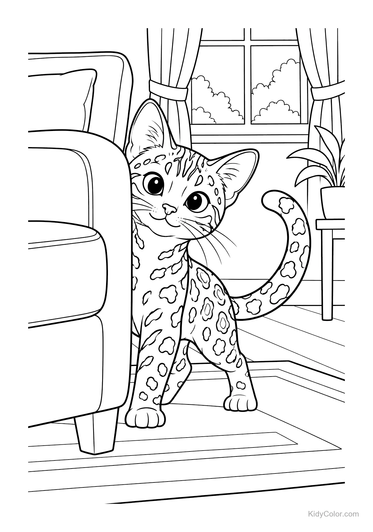 Gatto Bengal che sbuca da dietro un divano in salotto.
