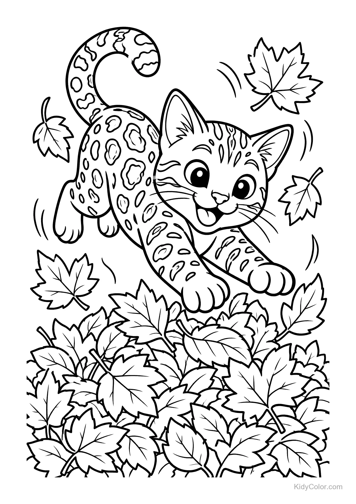 Bengal cat leaping through a pile of autumn leaves.