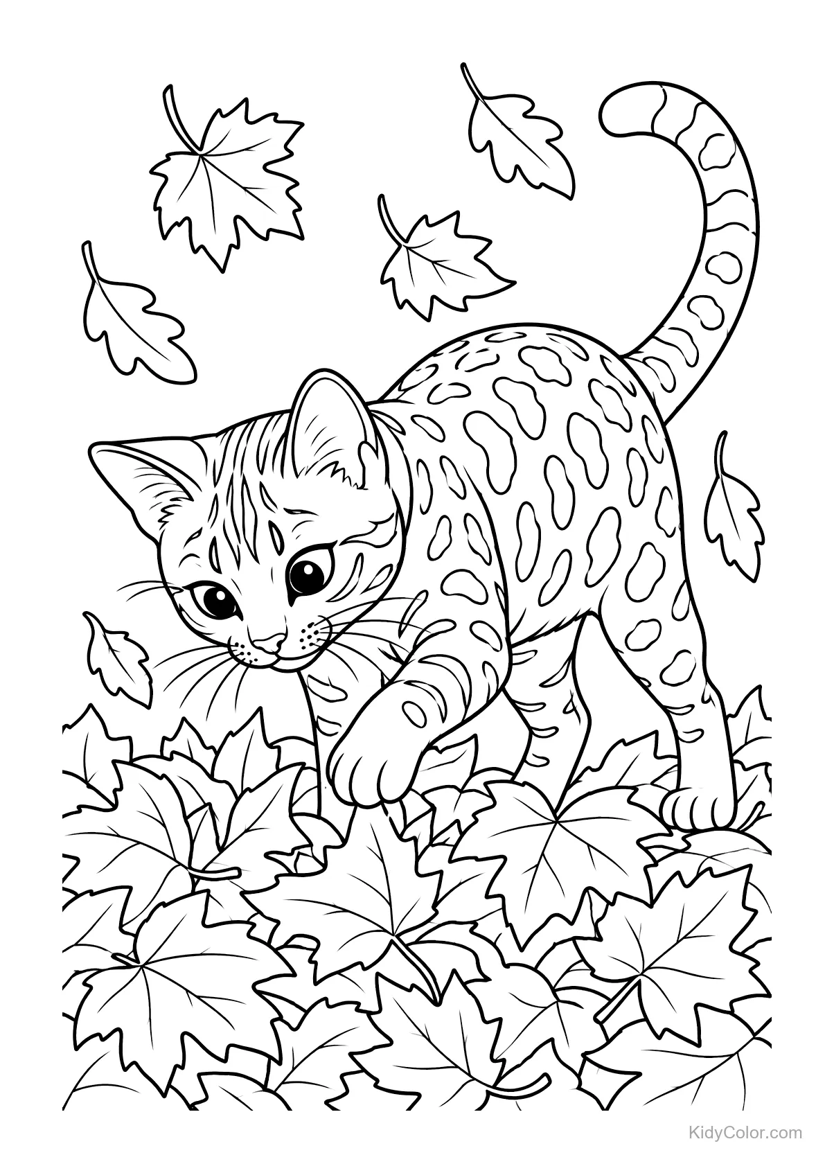 A Bengal cat playing in a pile of autumn leaves with more leaves falling around.