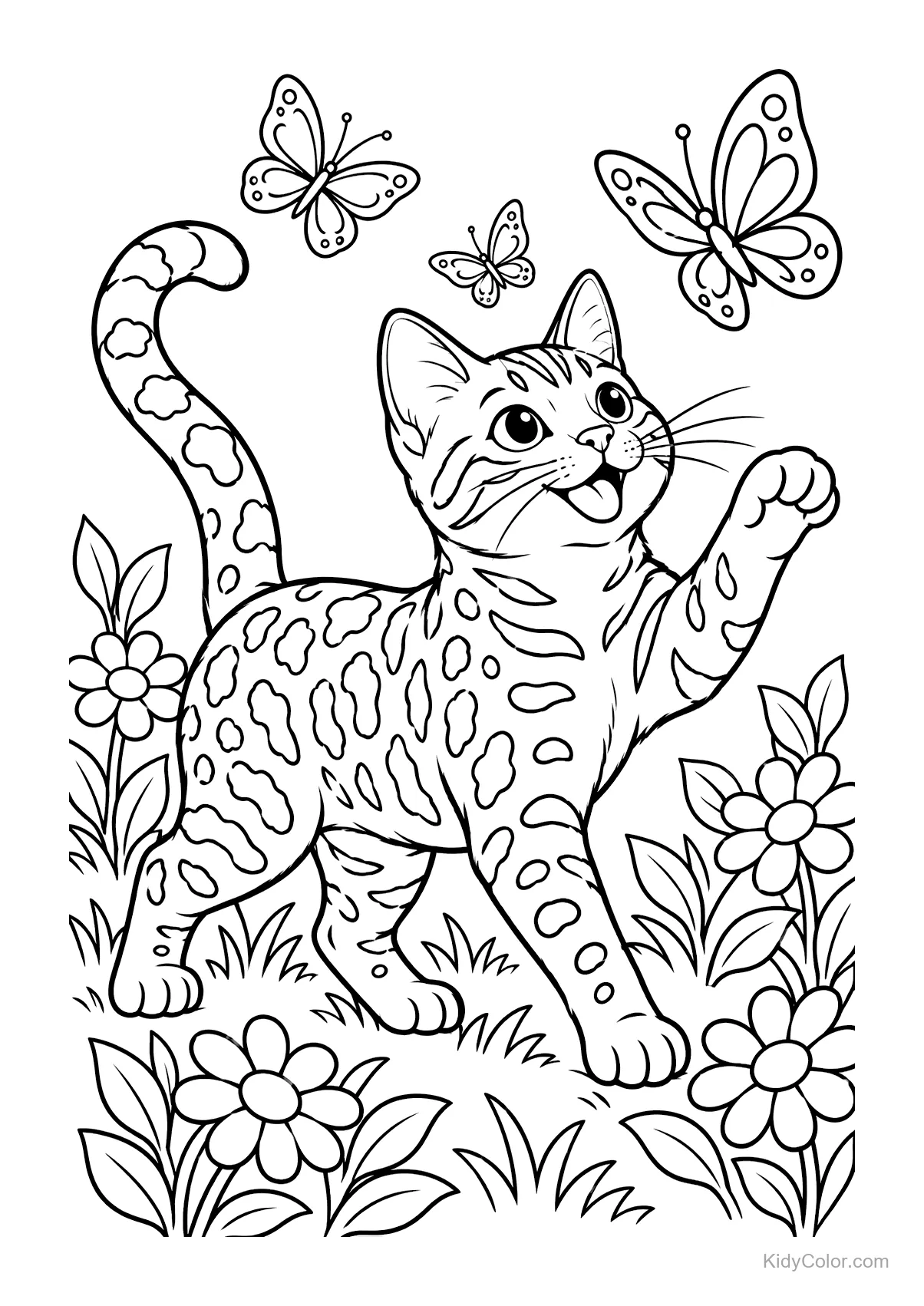 Bengal cat with spotted fur playing with butterflies in a garden.