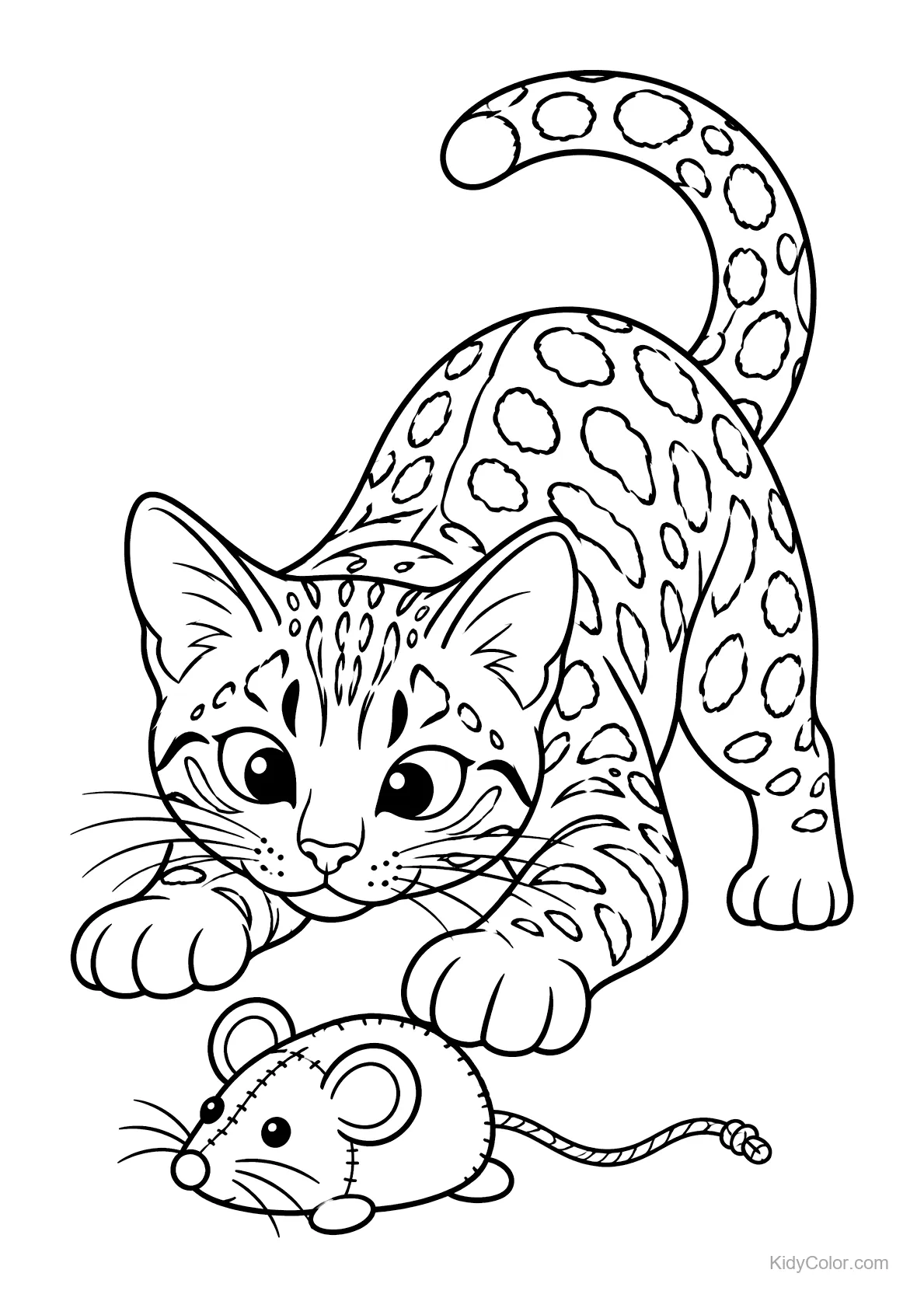 Bengal cat with spots pouncing on a toy mouse.