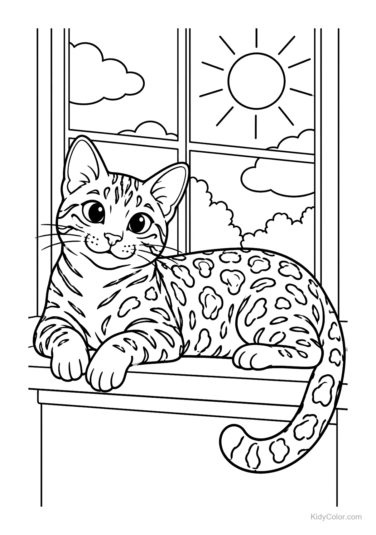 Bengal cat with spotted coat lying on a windowsill, sun in the sky.