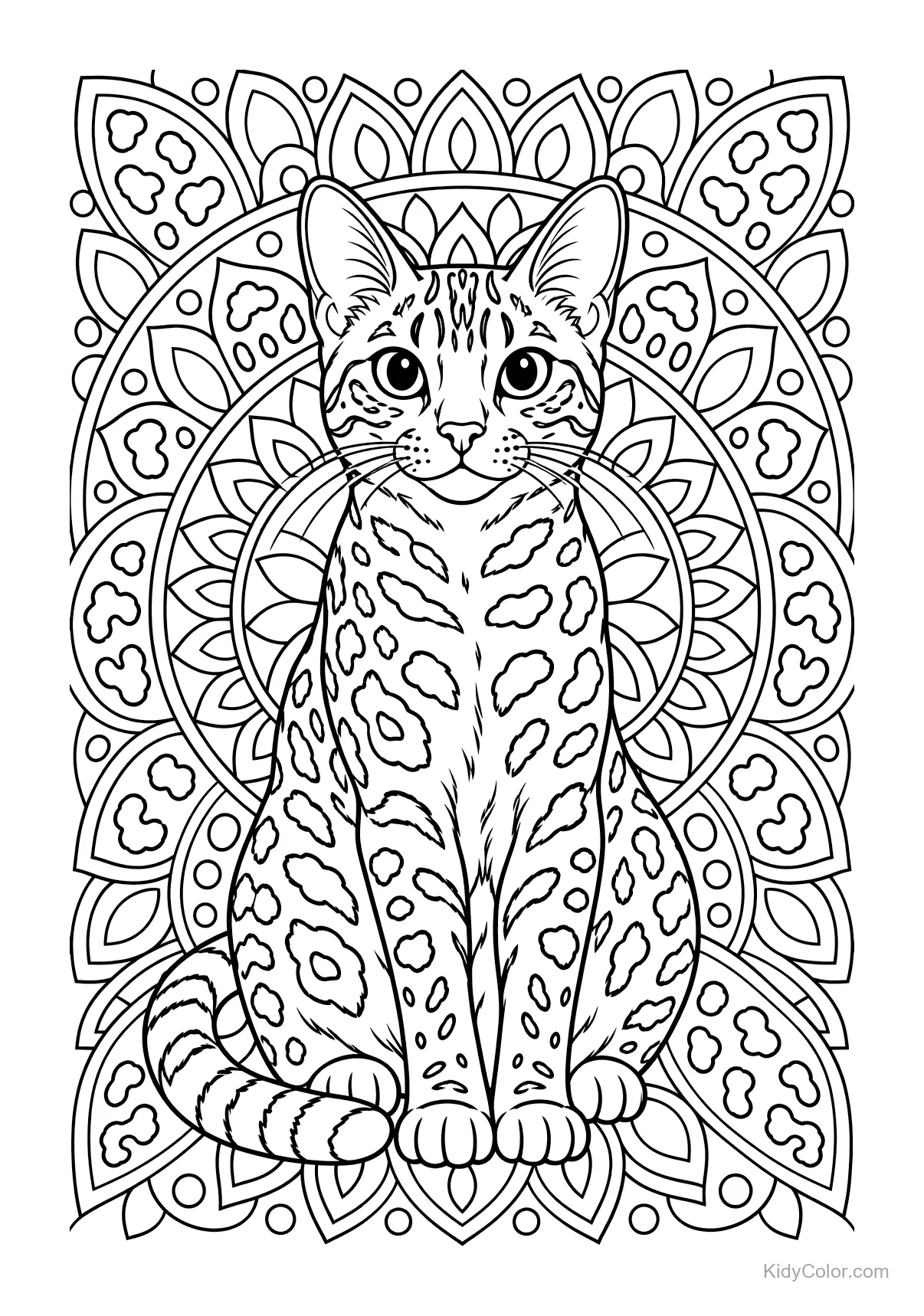 Chat Bengal assis entouré d'un motif de mandala.