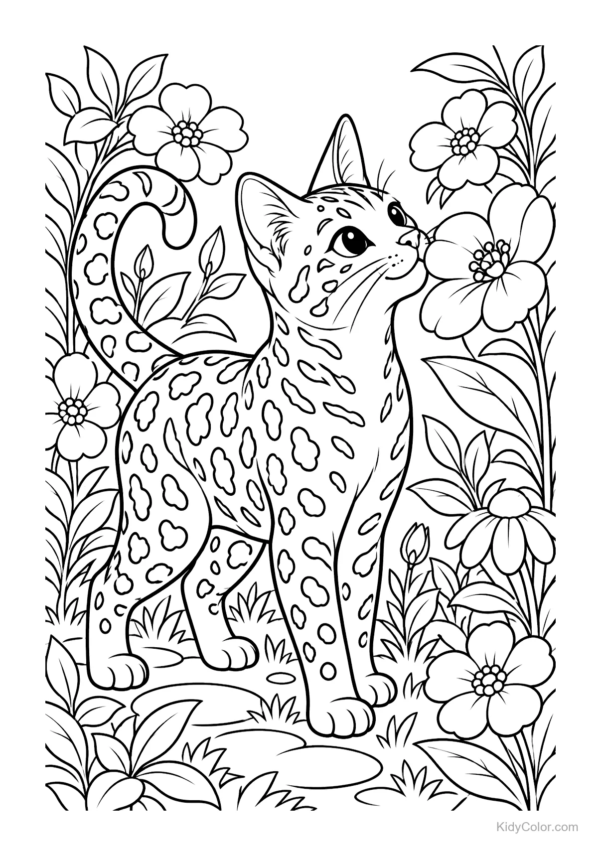 Gato bengal cheirando flores no jardim, cercado por folhagem.