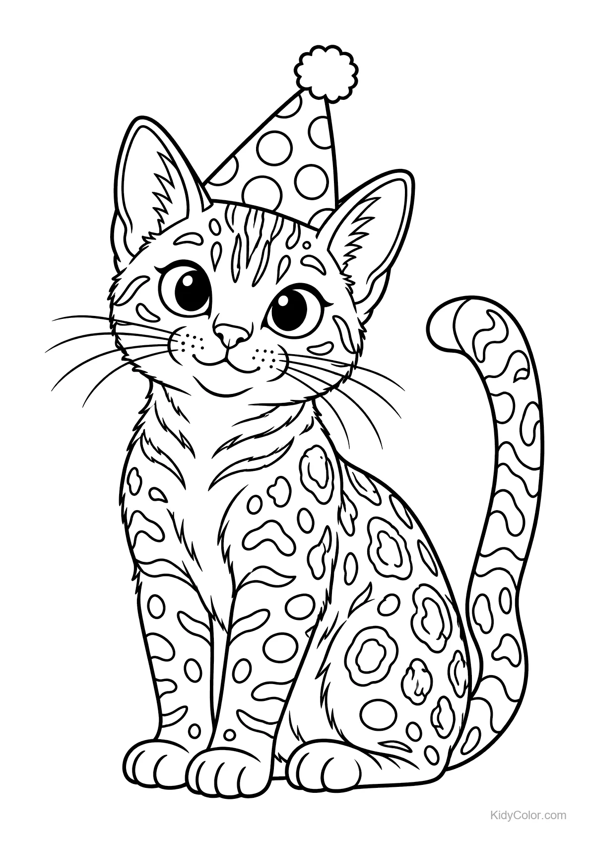 Gatto Bengalese con cappello da festa e pelliccia maculata.