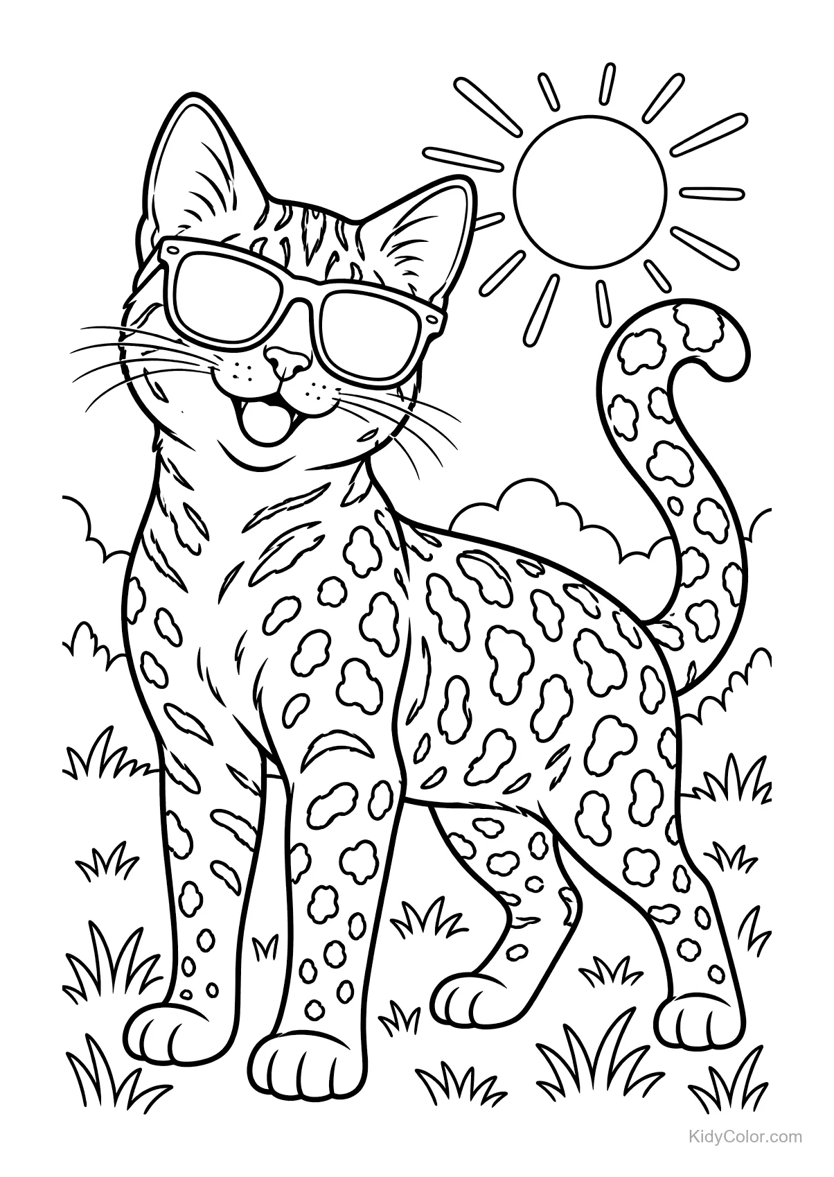 Bengal cat wearing sunglasses in a sunny field with grass.