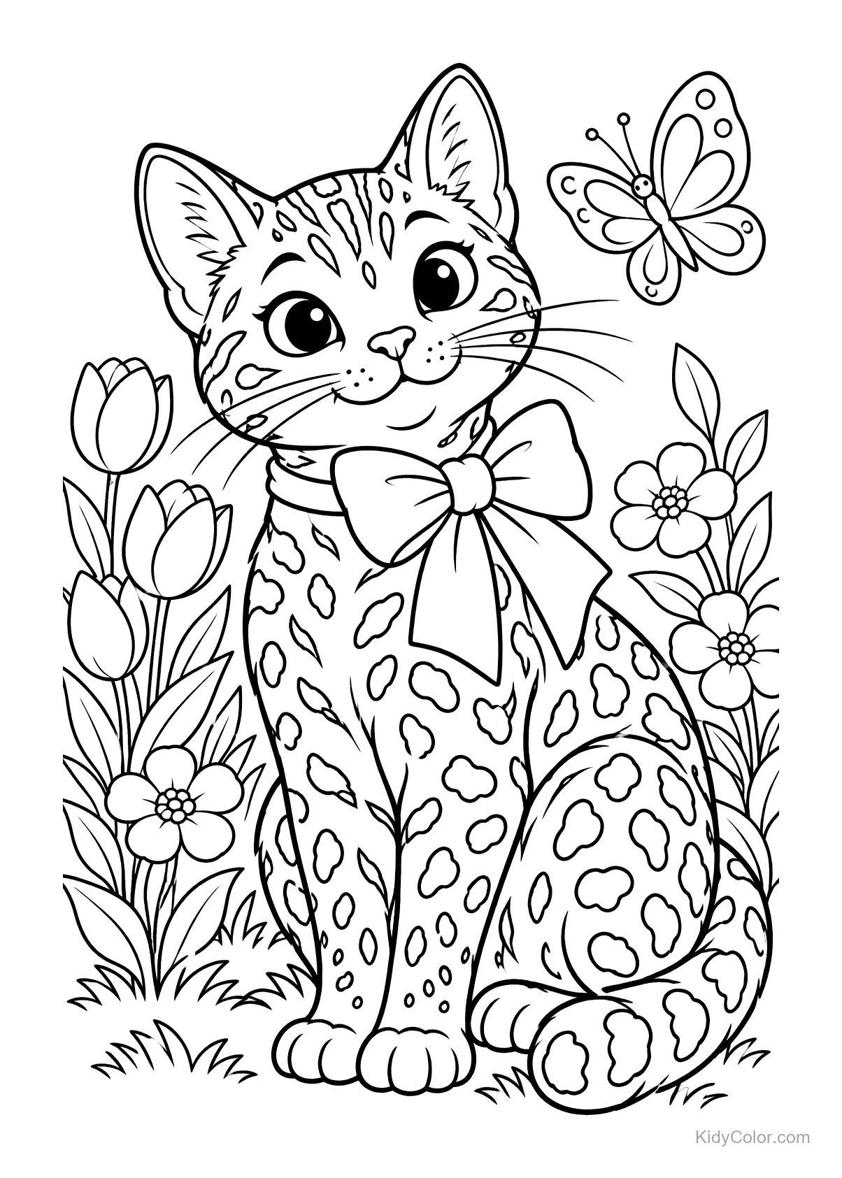 Bengaalse kat met strik omringd door bloemen en een vlinder