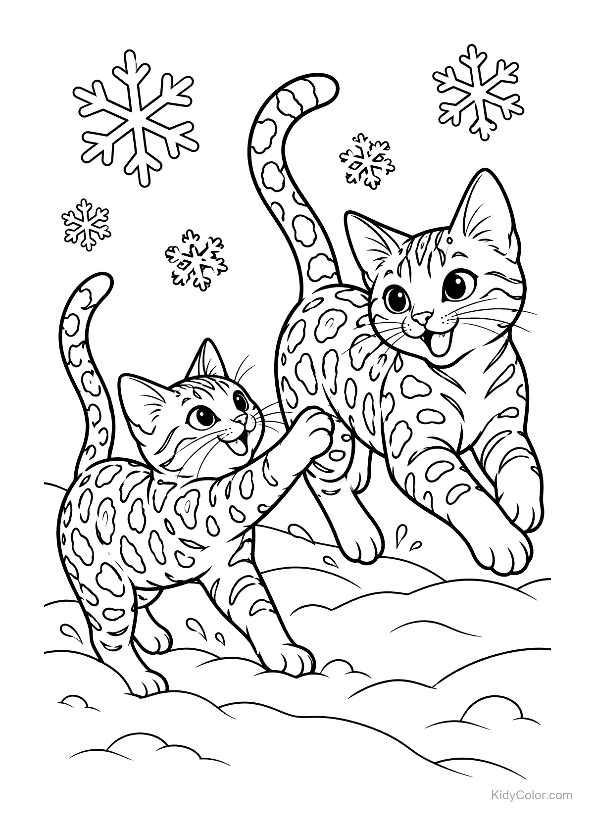Due gatti Bengalini che giocano nella neve con fiocchi di neve.