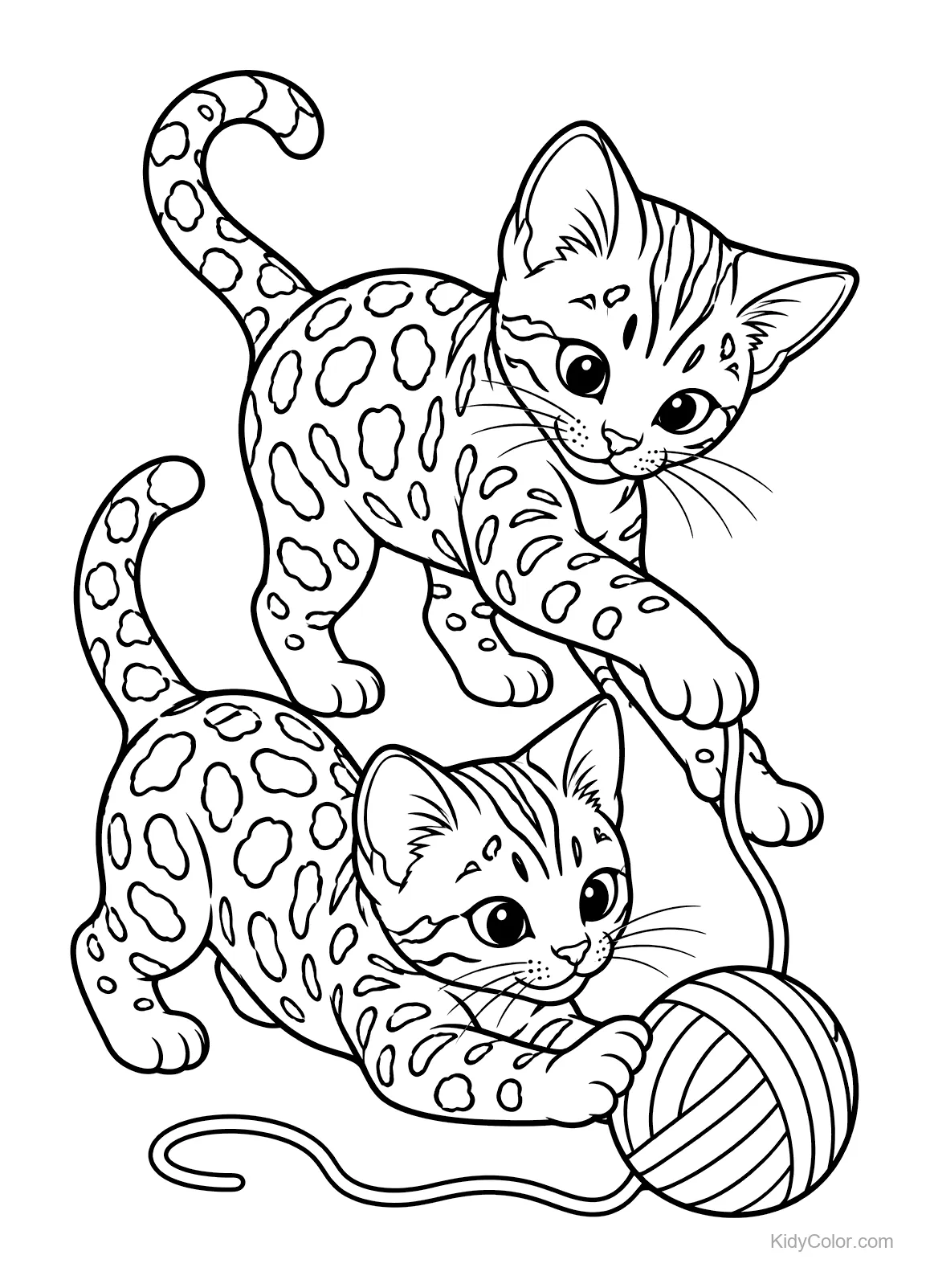 Two Bengal kittens playing with yarn balls, one sitting, one lying down.