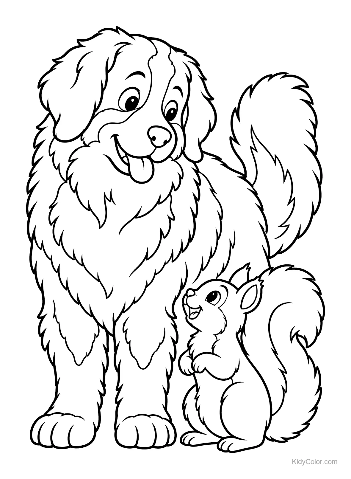 Berner Sennenhund steht mit einem Eichhörnchen.