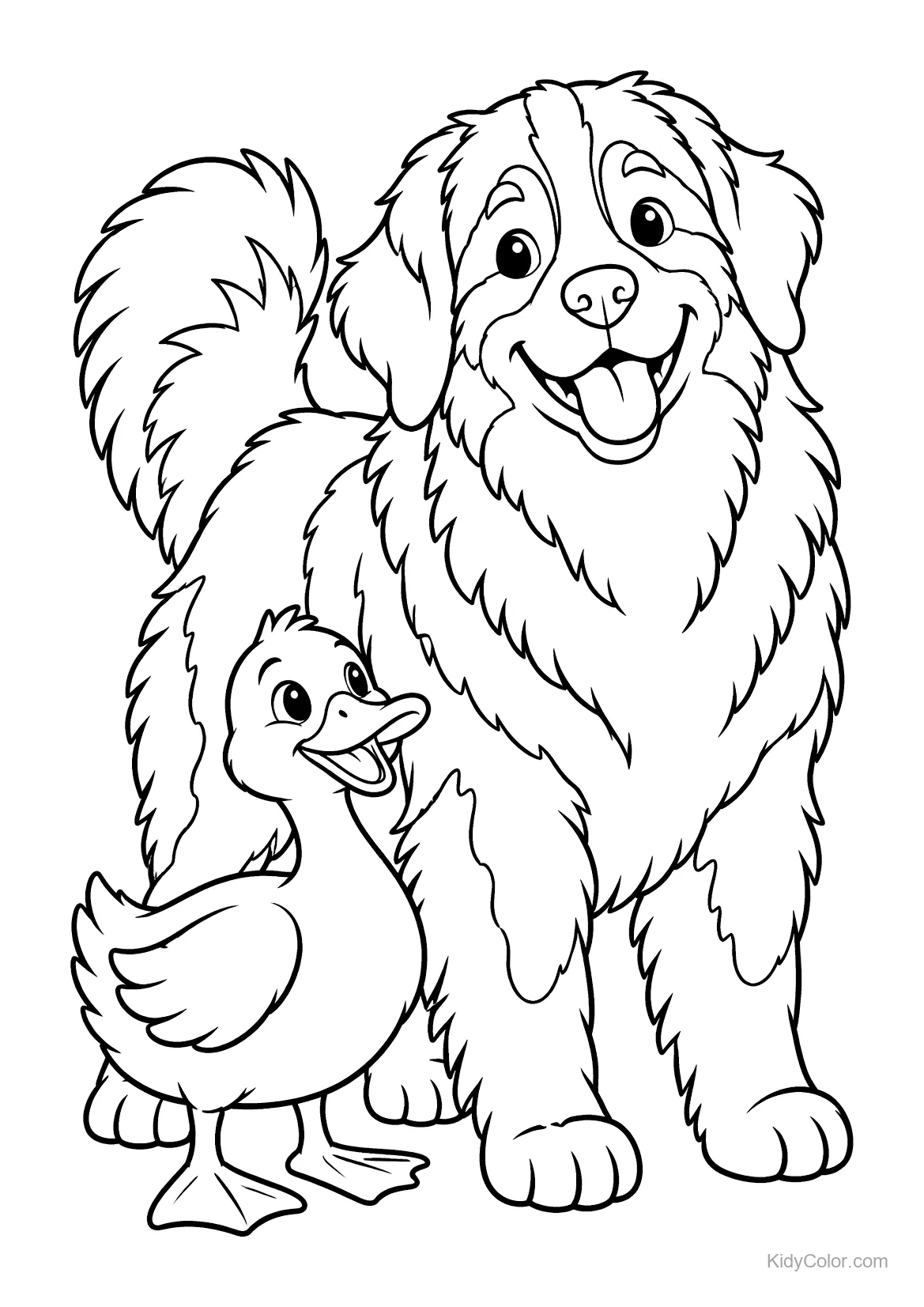 Bernese mountain dog standing beside a smiling duck.