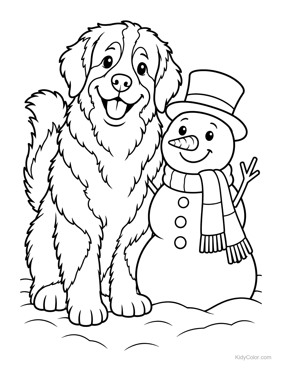 Berner Sennenhund sitzt neben einem lächelnden Schneemann.
