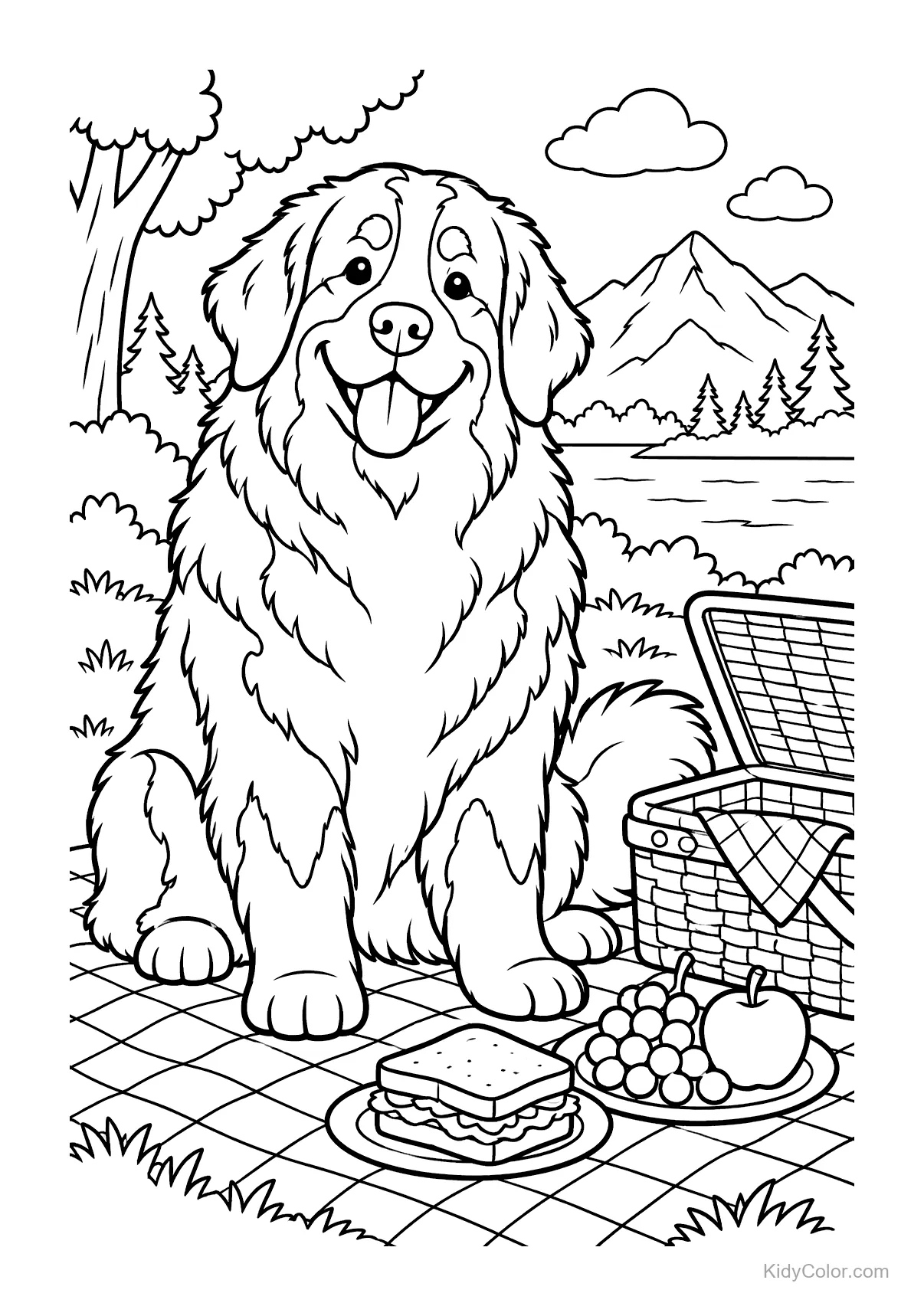 Berner Sennenhund neben einem Picknickkorb auf einer Decke.