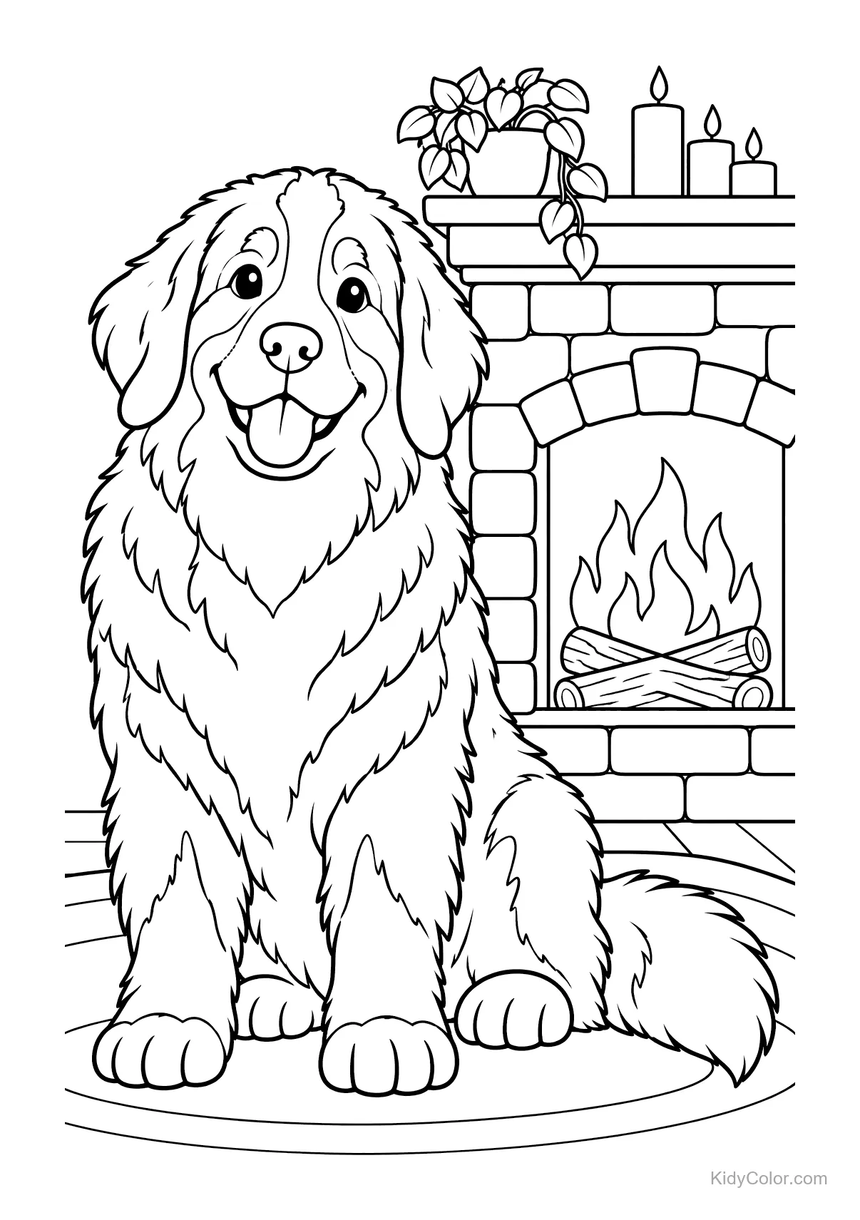 Berner Sennenhund sitzt vor einem Kamin mit Holzscheiten und Kerzen.