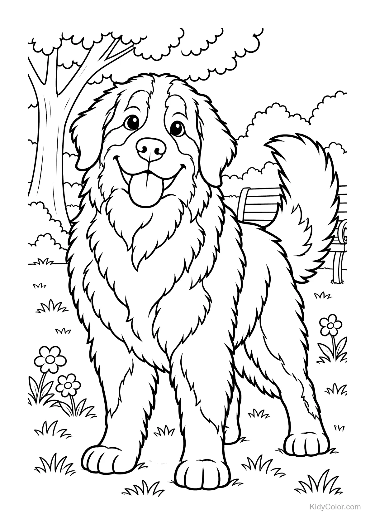 Berner Sennenhund mit heraushängender Zunge im Park mit Blumen und Bank.
