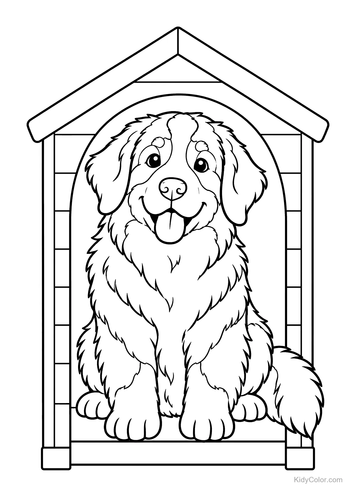 Berner Sennenhund sitzt freundlich im Hundehäuschen.