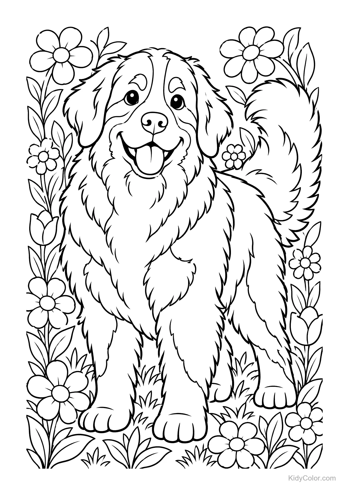 Ein Berner Sennenhund steht von Blumen umgeben im Garten.