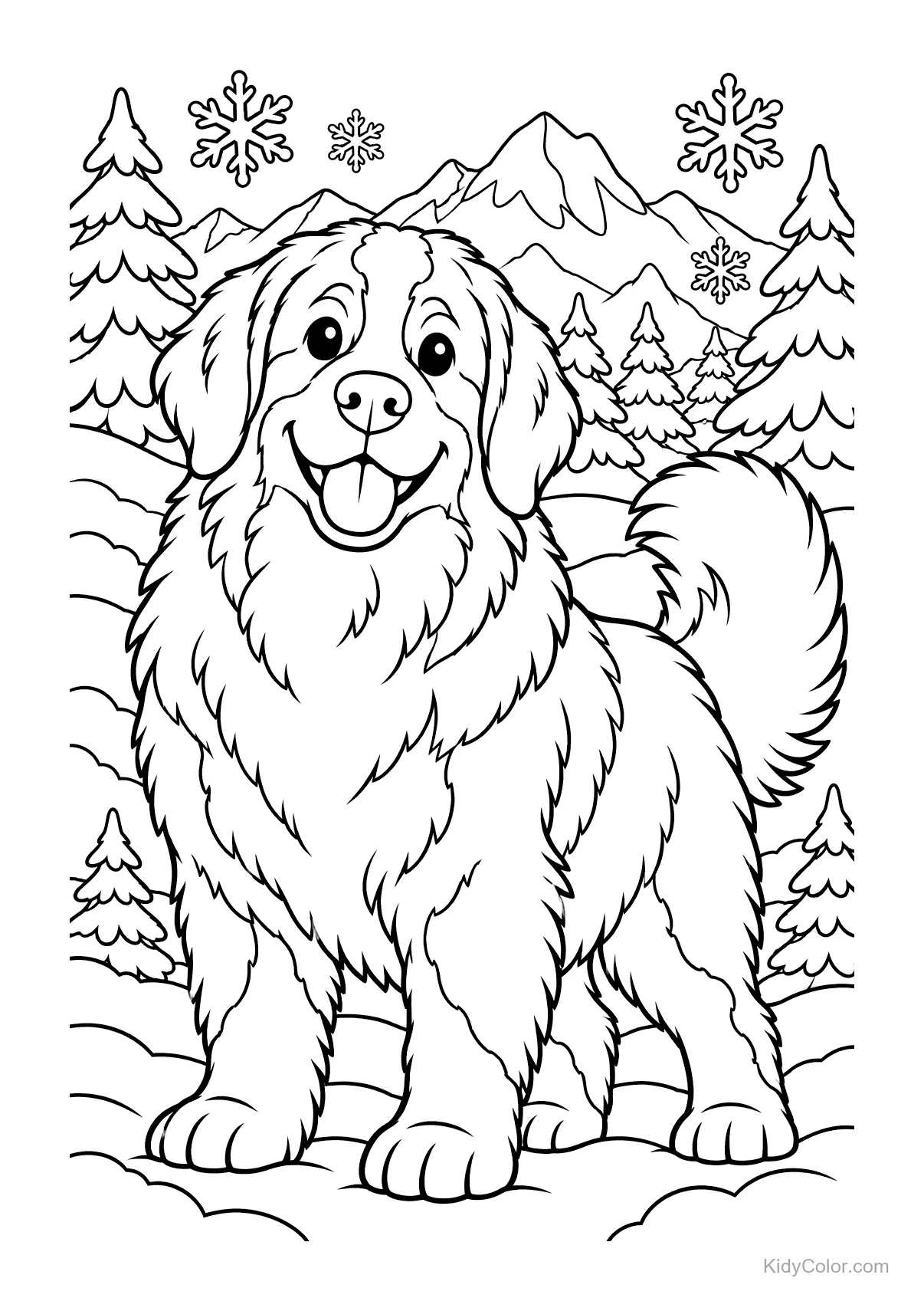 Bernese Mountain Dog standing in a snowy forest with mountains.