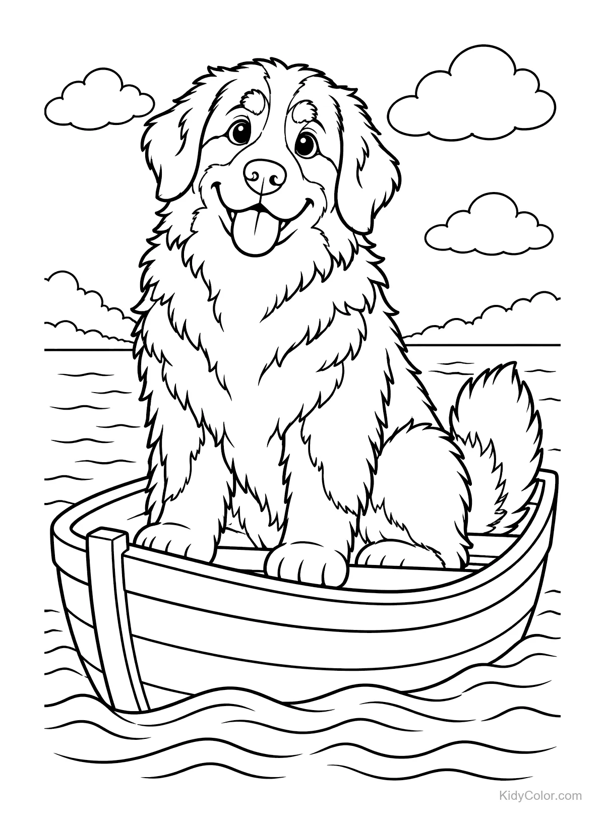 Bouvier bernois assis dans un bateau sur un lac avec des nuages.