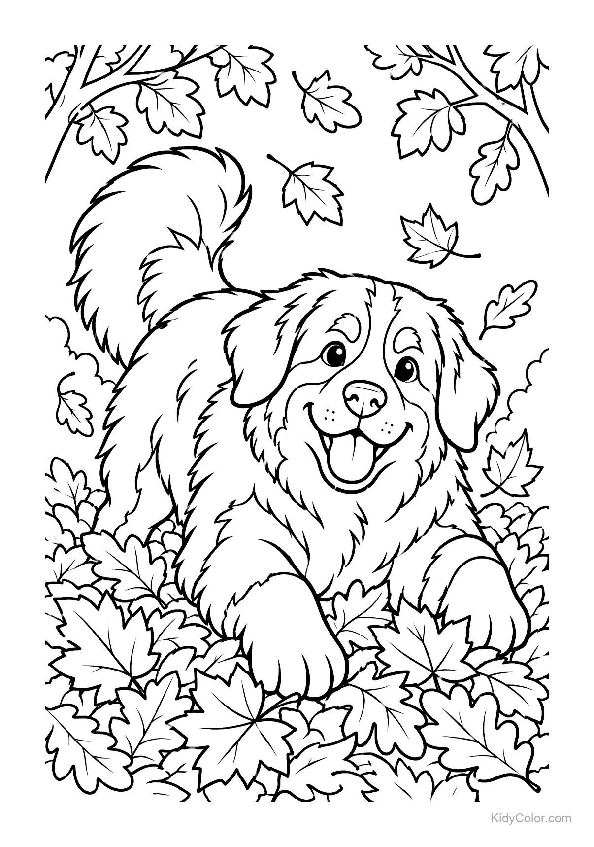 Berner Sennenhund spielt im Herbstlaub, umgeben von fallenden Blättern.