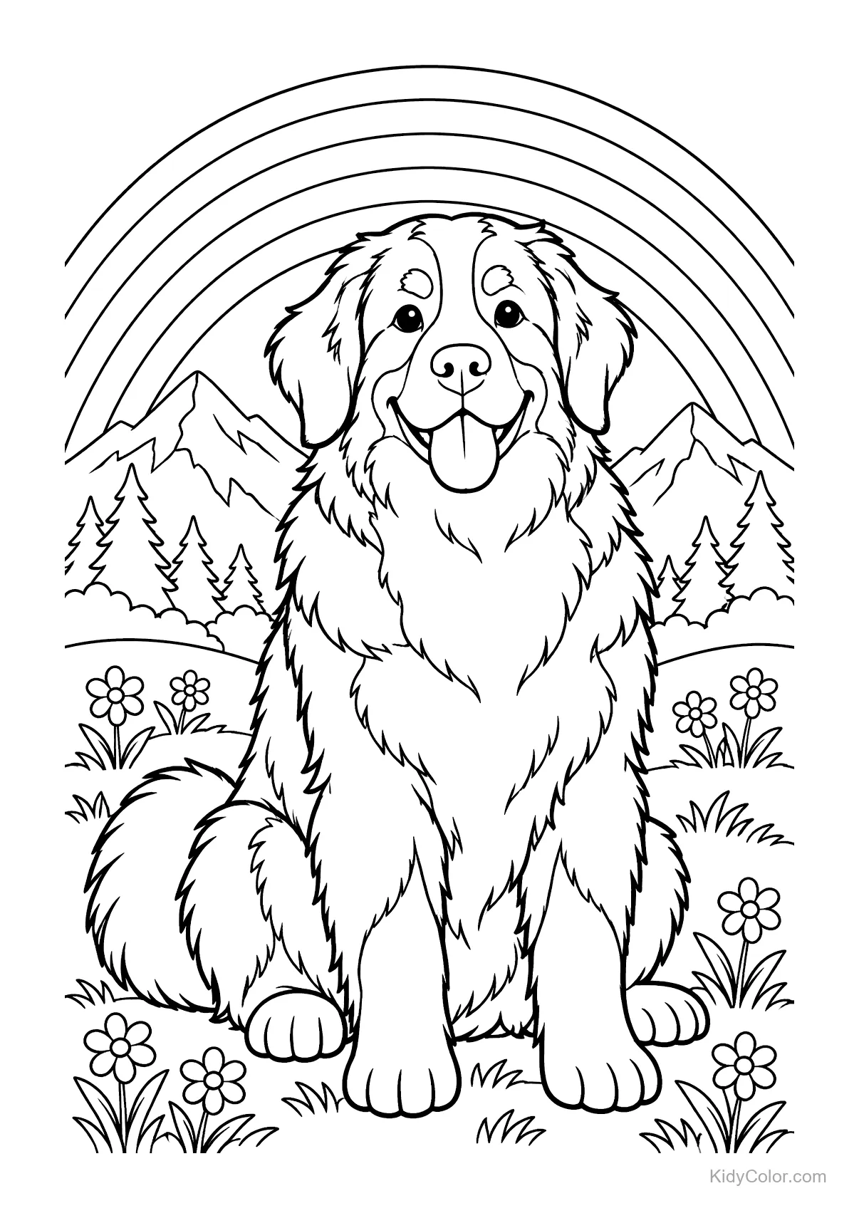 Berner Sennenhund sitzt unter Regenbogen mit Blumen und Bergen.