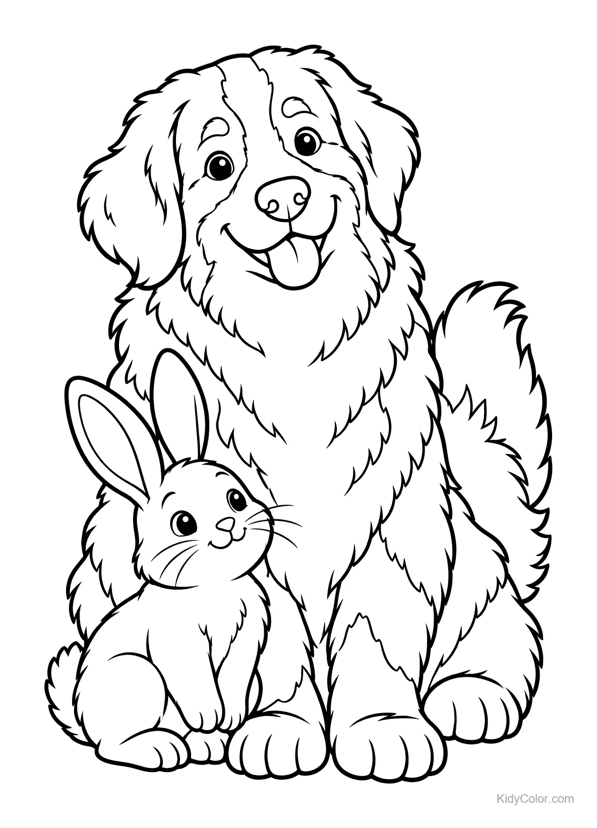 Berner Sennenhund sitzt mit einem Häschen daneben und lächelt.