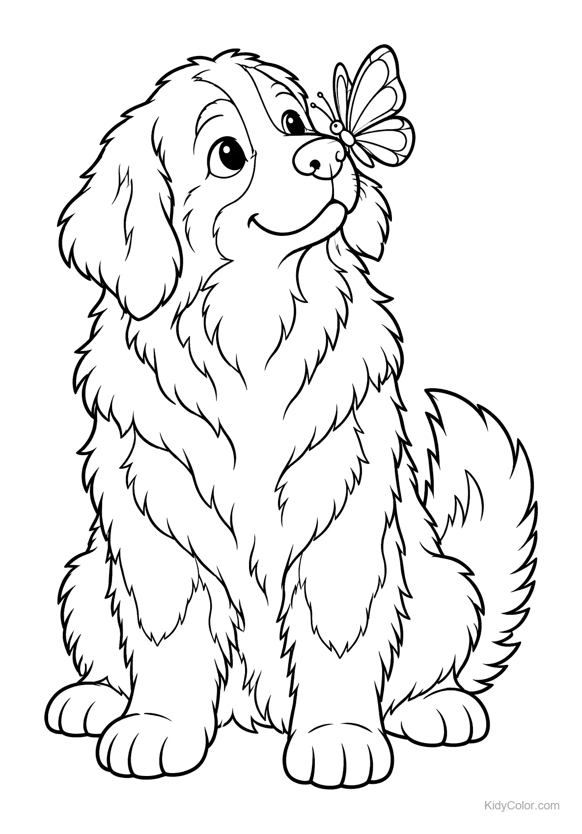 Lijntekening van een berner sennenhond met een vlinder op de neus