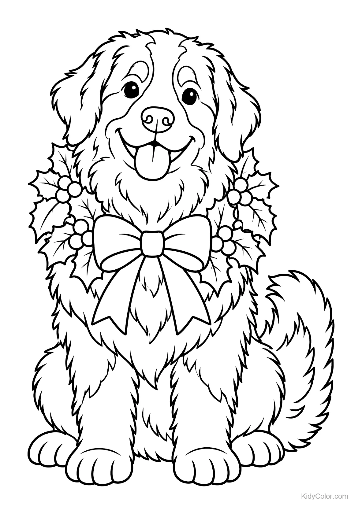 Ein Berner Sennenhund mit Weihnachtskranz und großer Schleife.
