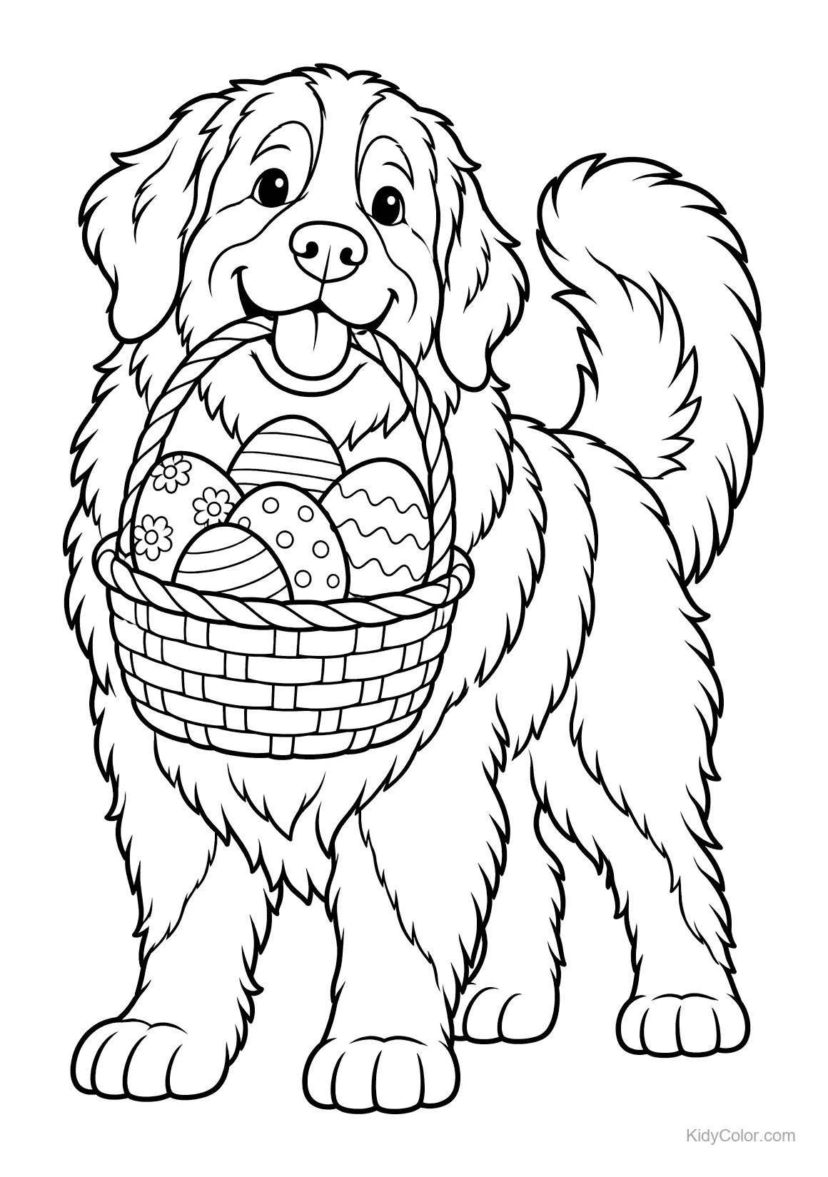 Berner Sennenhund hält ein Osternest mit Eiern.