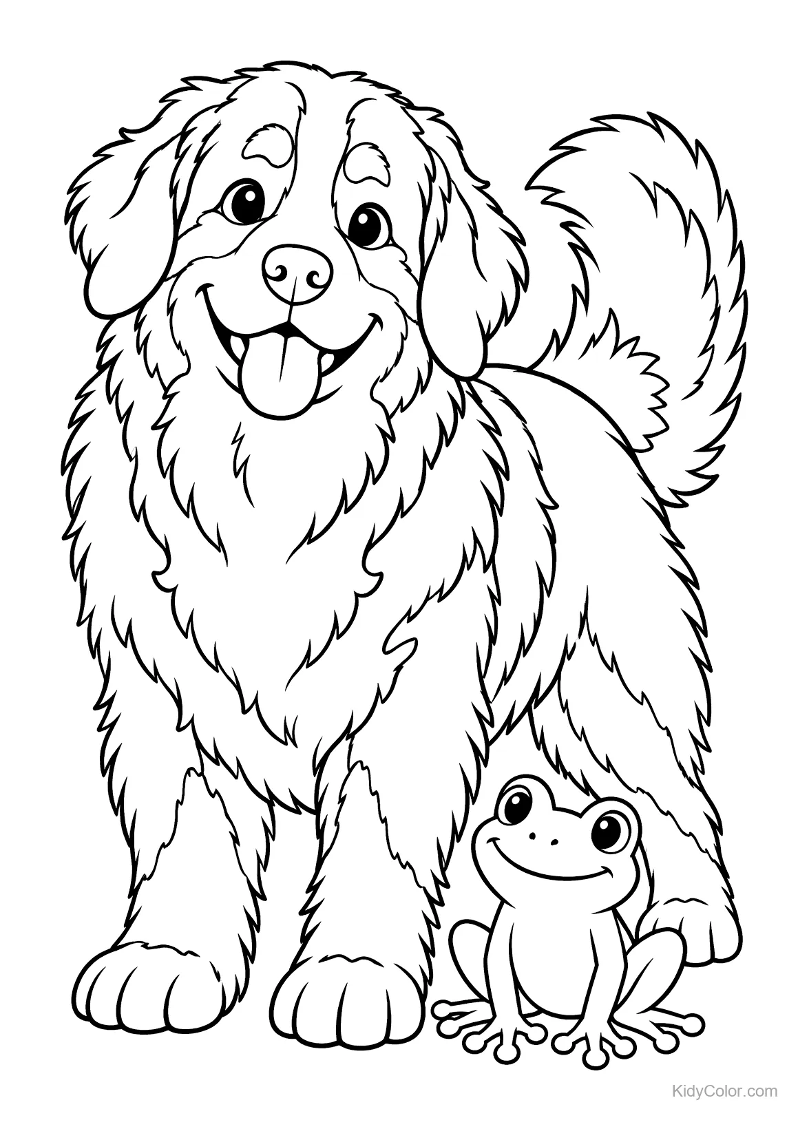 Bovaro del Bernese accanto a una rana sorridente.
