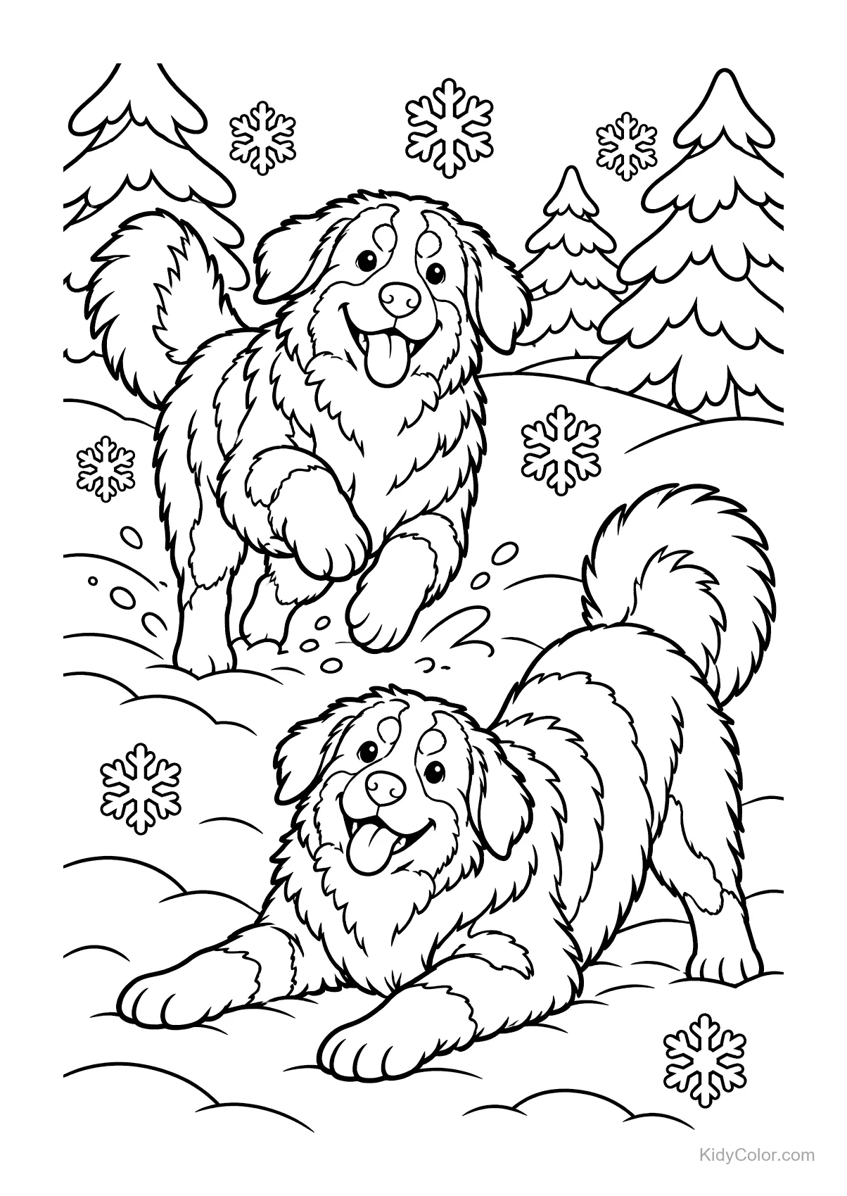 Zwei Berner Sennenhunde spielen im Schnee mit Bäumen und Schneeflocken.