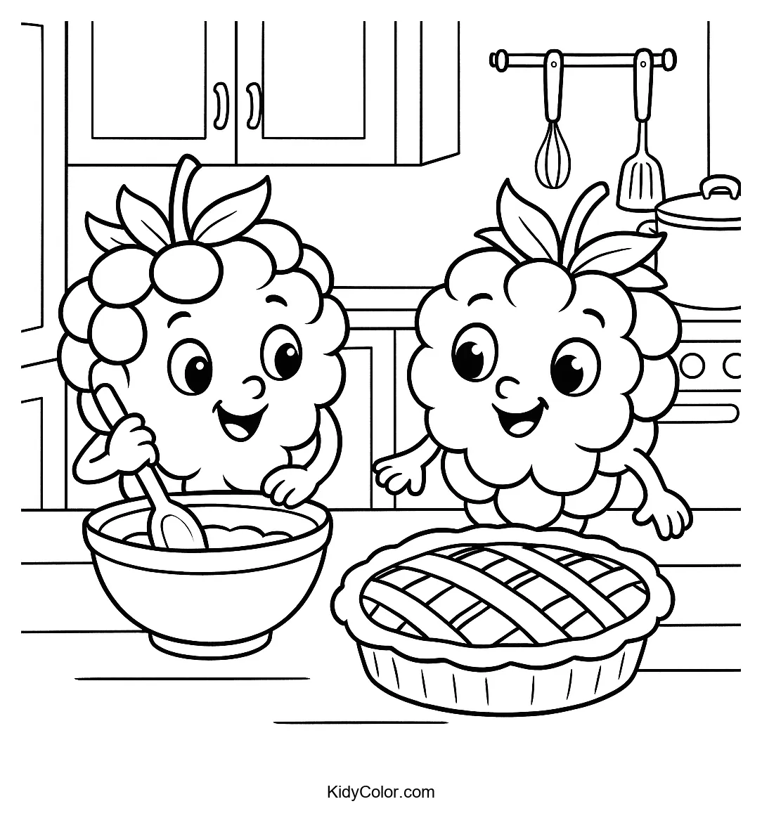 Coloring page of bakers making a berry pie in the kitchen.