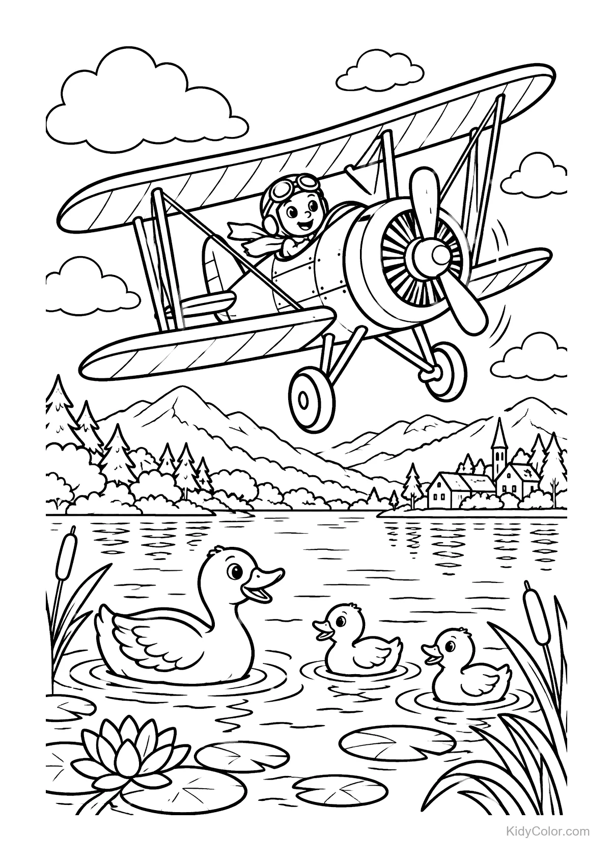 A vintage biplane flies over a pond with ducks swimming below.