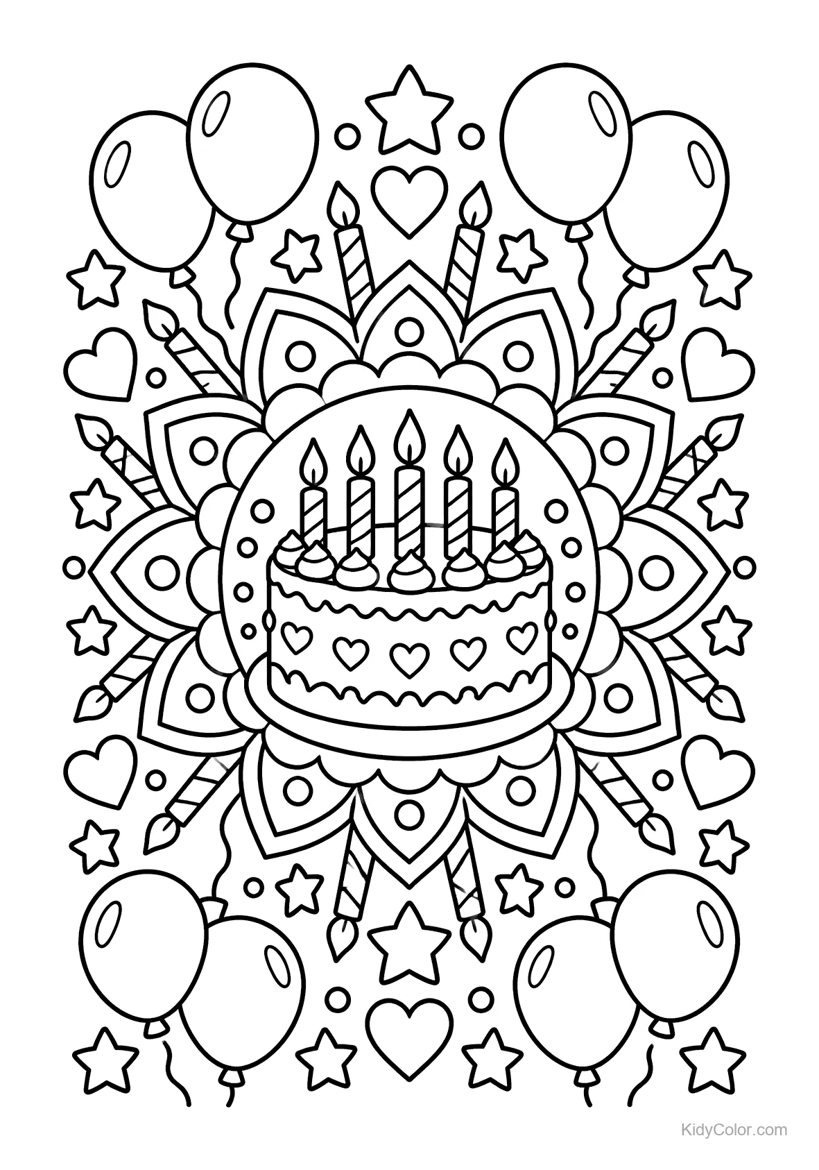 Birthday cake with candles and balloons in a mandala design.