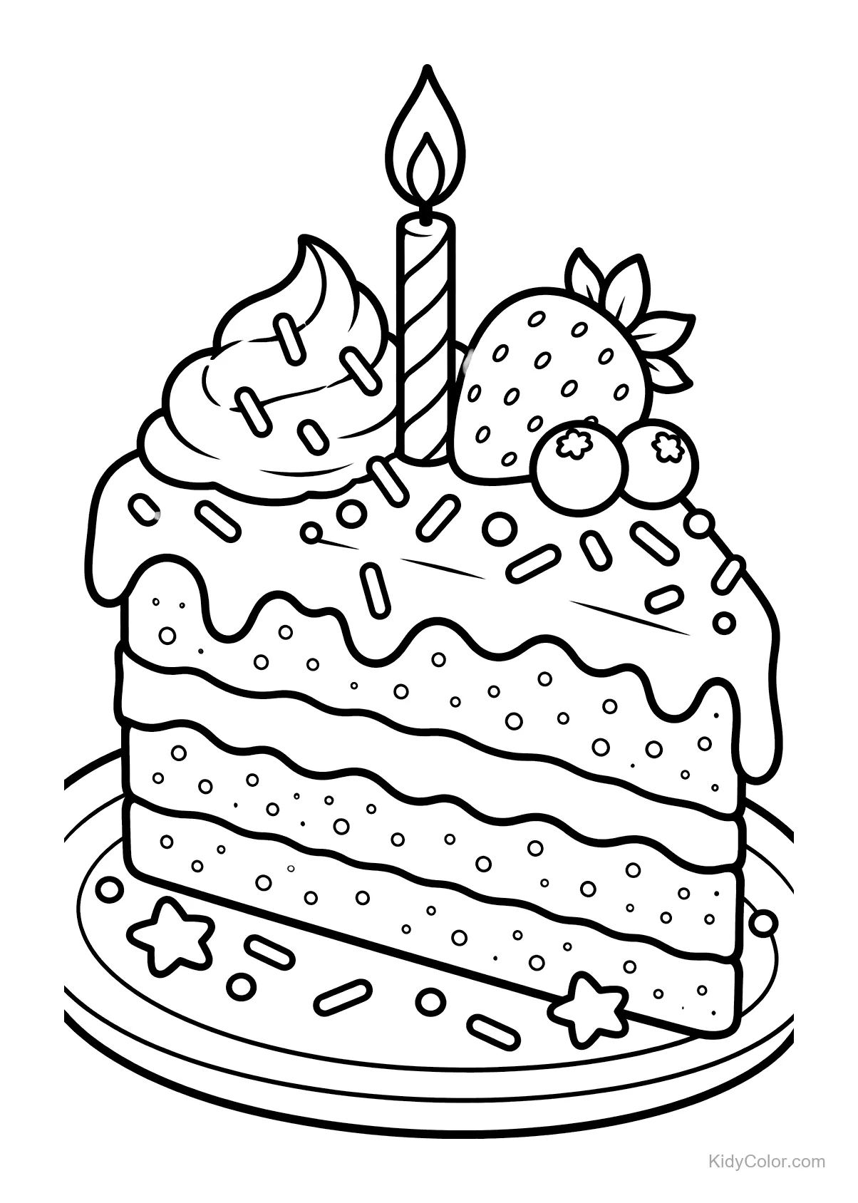 Birthday cake slice with a candle, sprinkles, strawberries, and cherries.