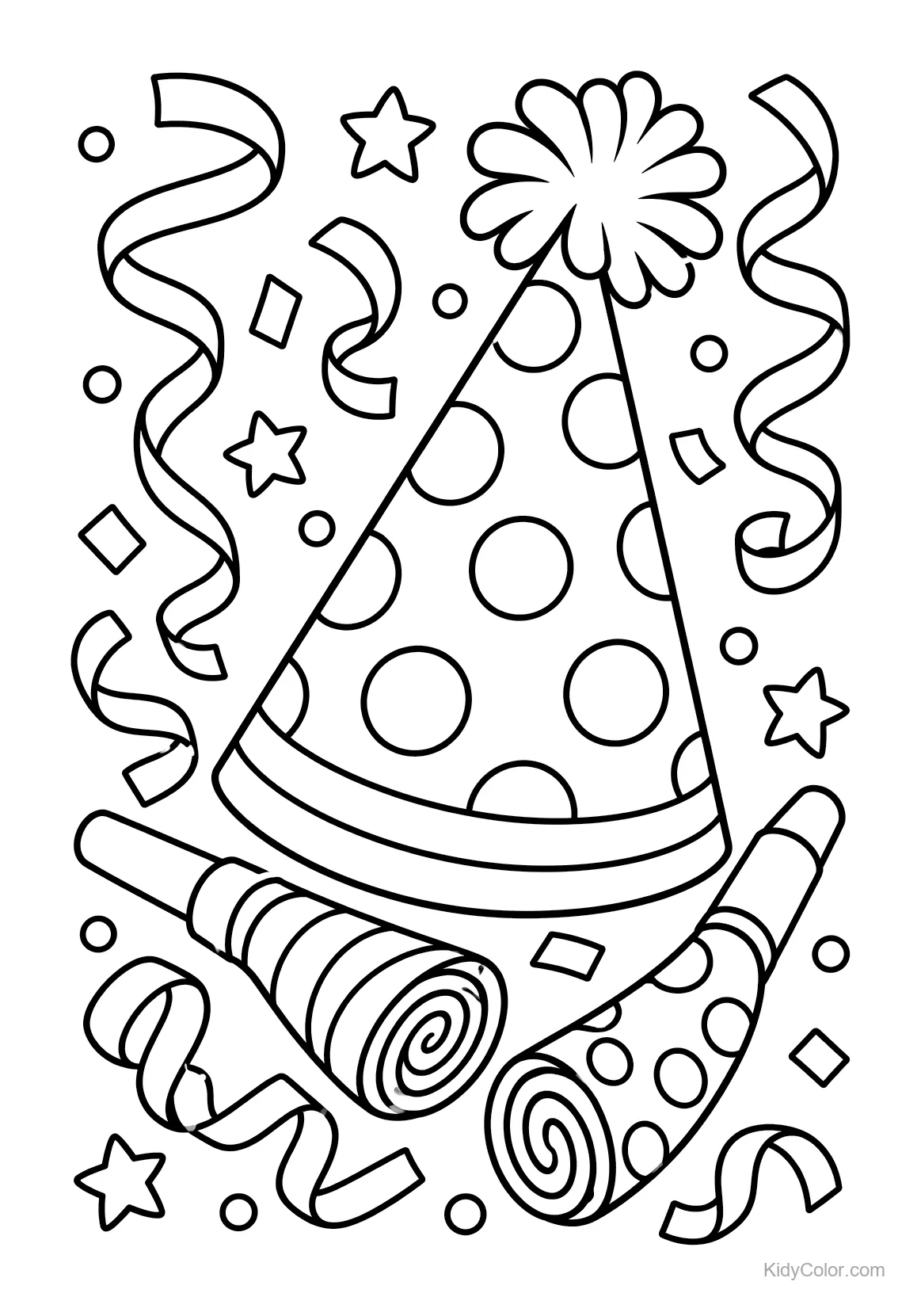 Birthday party hat with polka dots, confetti, and streamers.