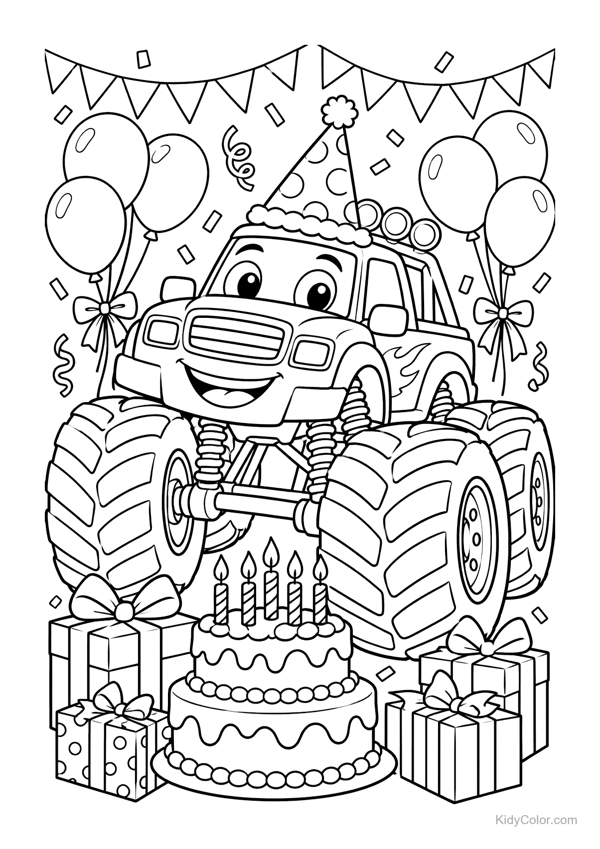 Camión monstruo sonriente en una fiesta de cumpleaños con globos y pastel.