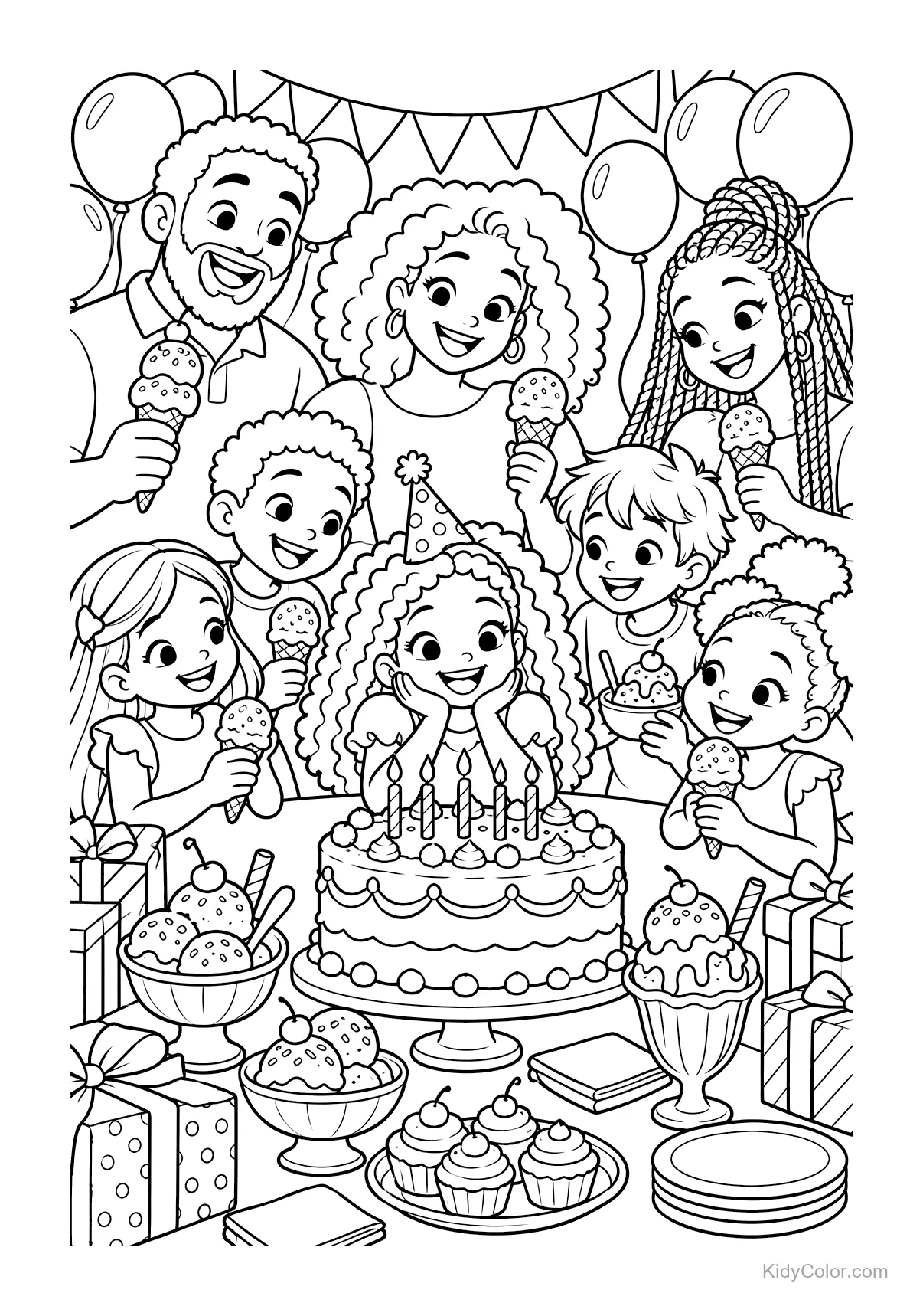 Crianças em festa de aniversário comendo sorvete, bolo e presentes.