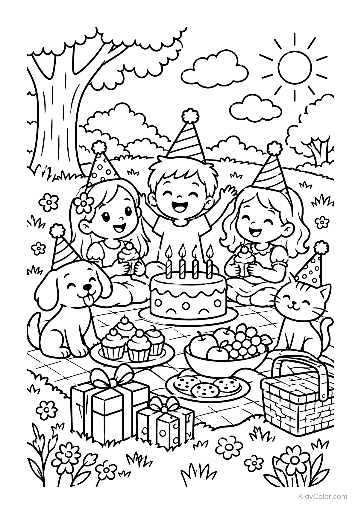 Kinder beim Picknick mit Kuchen, Geschenken und Partyhüten.