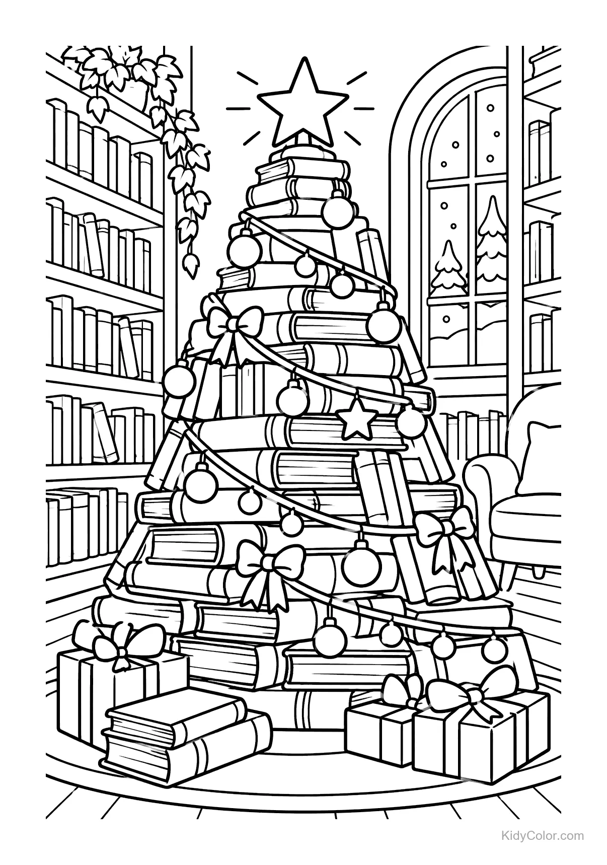 Christmas tree made of books in a library with decorations.