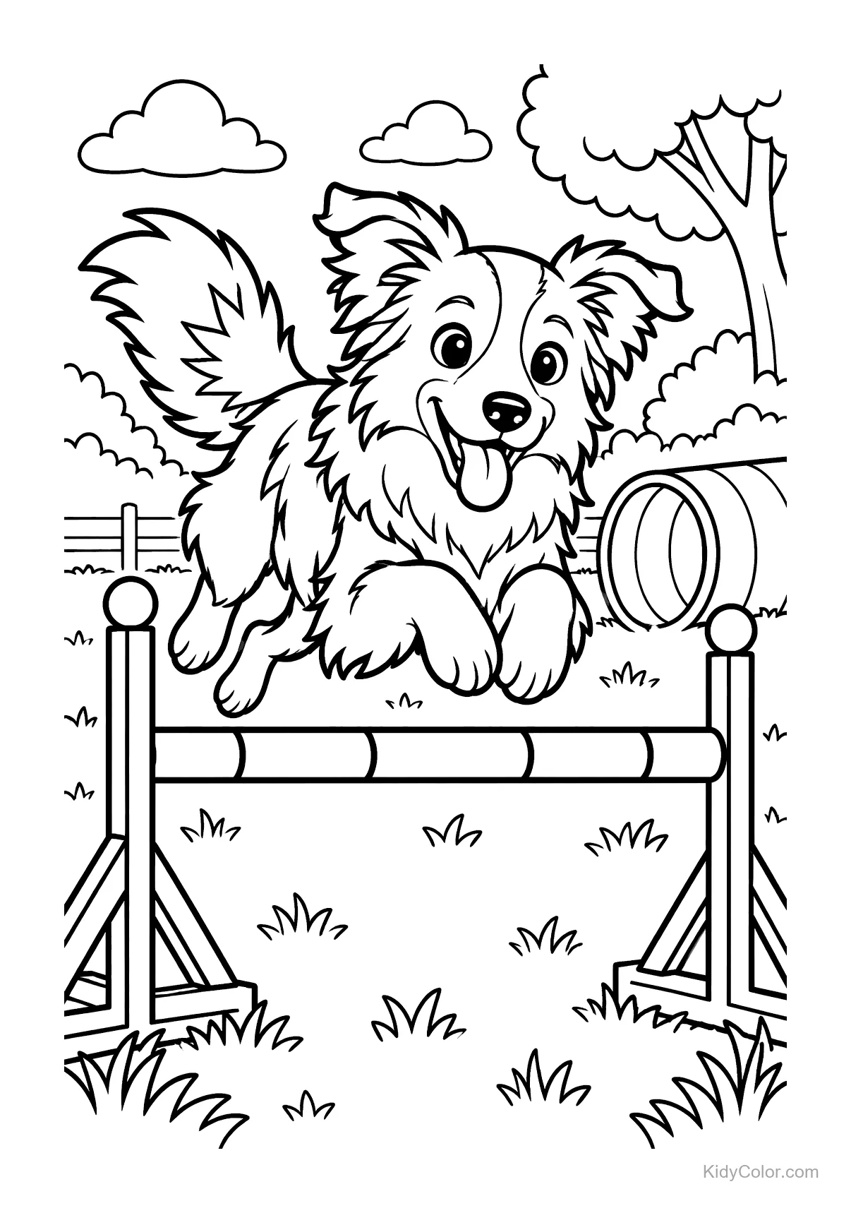 Border Collie jumping over an agility hurdle with trees and clouds.