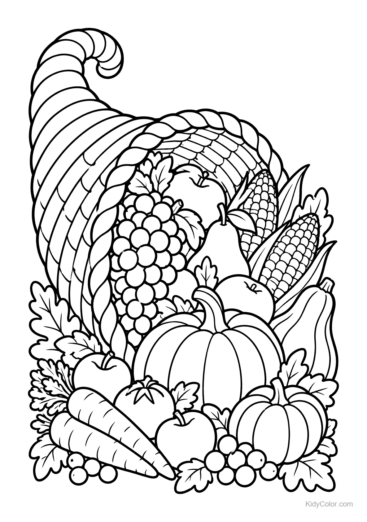 Cornucopia filled with fruits and vegetables like pumpkins, corn, and grapes.