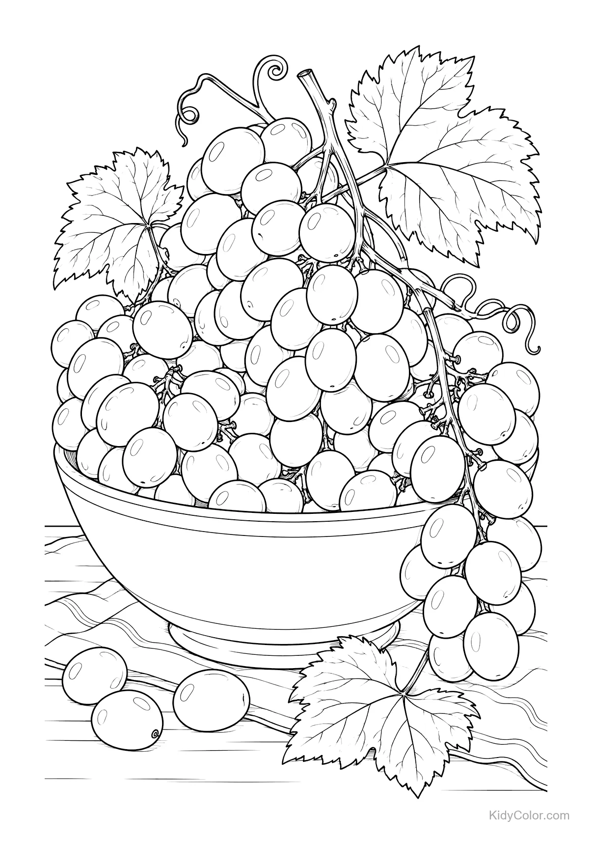 Bowl filled with grapes and grape leaves.