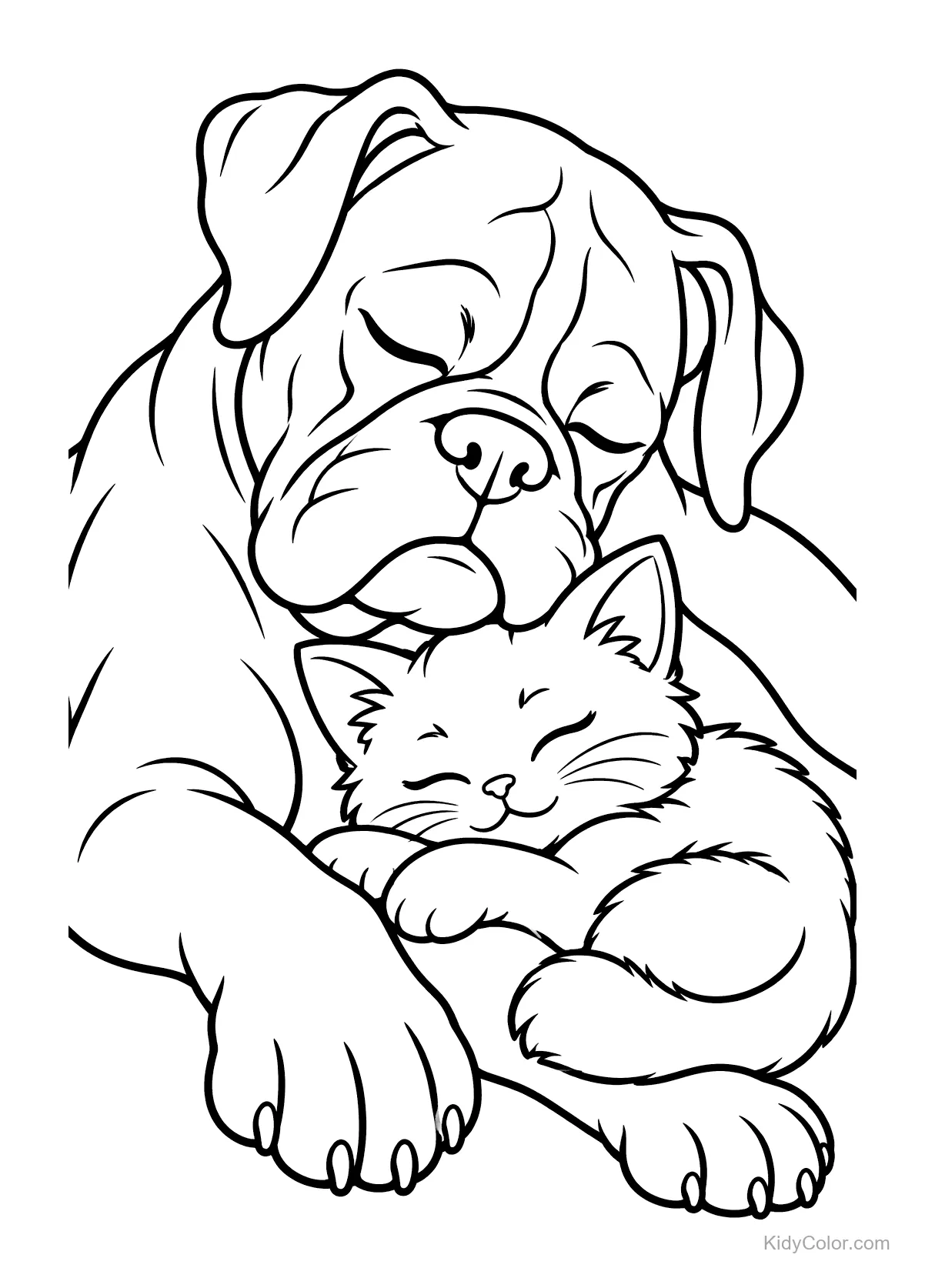 A boxer dog and a kitten cuddling peacefully.