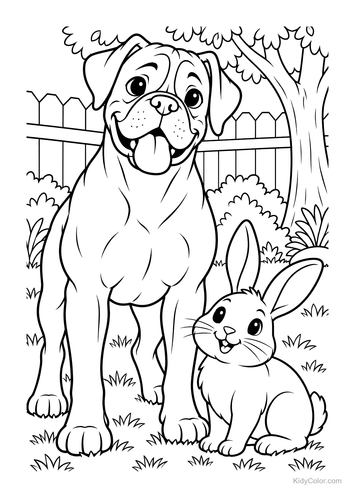 Boxer dog and rabbit standing together in a backyard.