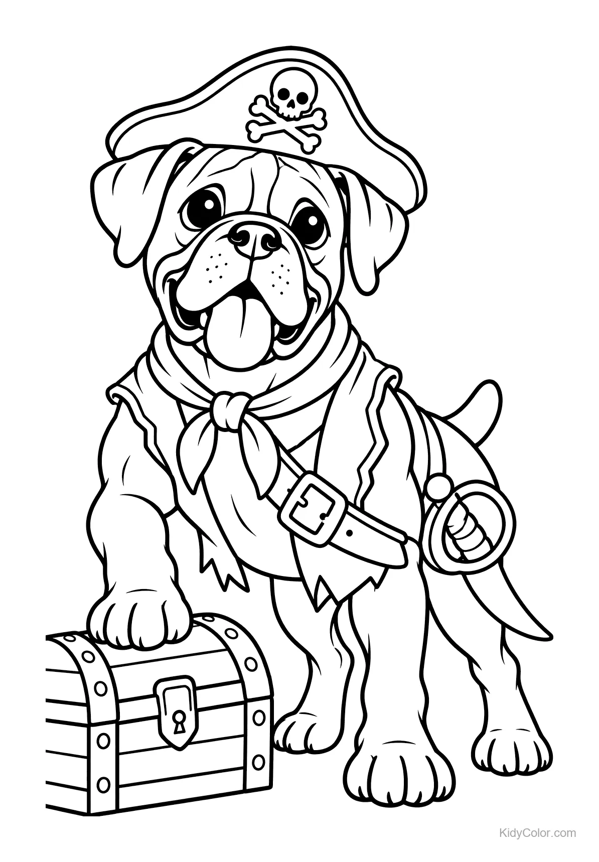 Ein Boxer als Pirat mit Hut neben einer Schatztruhe.
