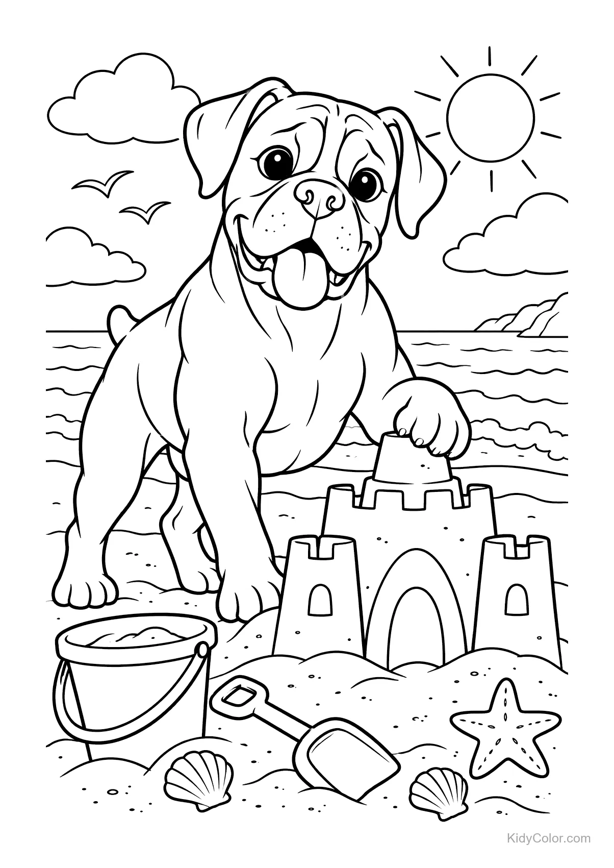 Boxer che costruisce un castello di sabbia sulla spiaggia con mare sullo sfondo.