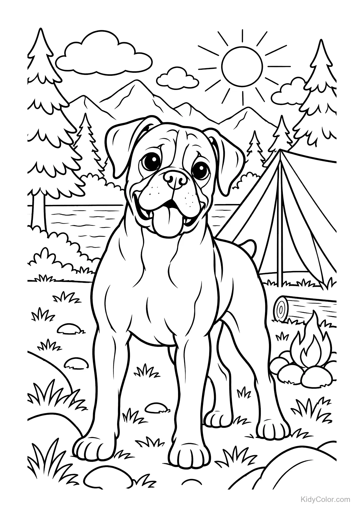 Un cane boxer in un campeggio con lago, tenda e falò.