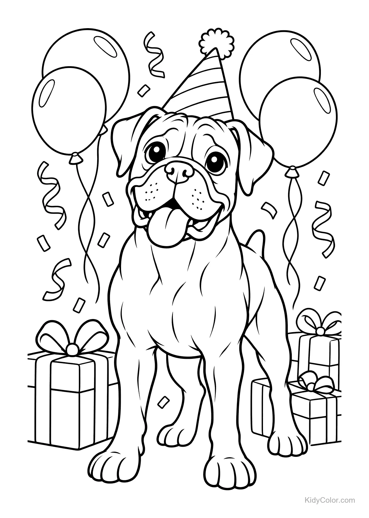 Boxerhund mit Partyhut, Luftballons und Geschenken.